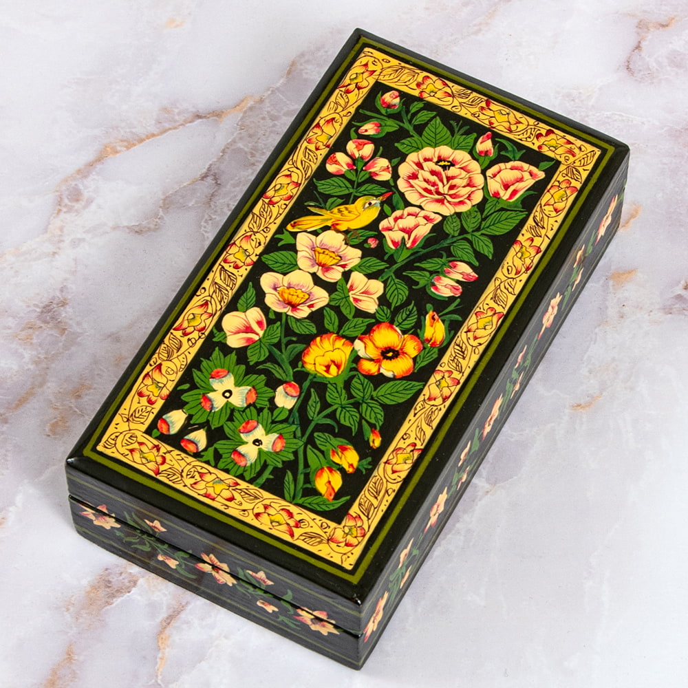 超高精細・一点もの】カシミールのペーパーマッシュ 花園に鳥 長方形