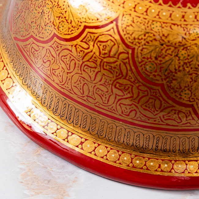 【超高精細・一点もの】カシミールのペーパーマッシュ 赤金 椀型小物入れ 約11.5cm x 約11.5cm 11 - 職人技が光ります。
