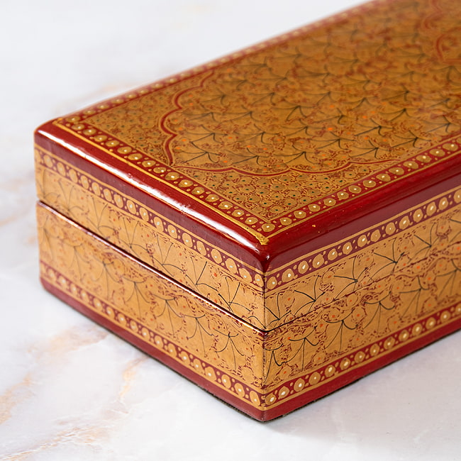 【超高精細・一点もの】カシミールのペーパーマッシュ 赤金 ペンケース・小物入れ 約22.5cm x 約7.2cm 8 - 側面も丁寧に描かれています。