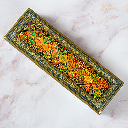 【超高精細・一点もの】カシミールのペーパーマッシュ 格子花柄 ペンケース・小物入れ 約22.5cm x 約7.5cm - サブ2