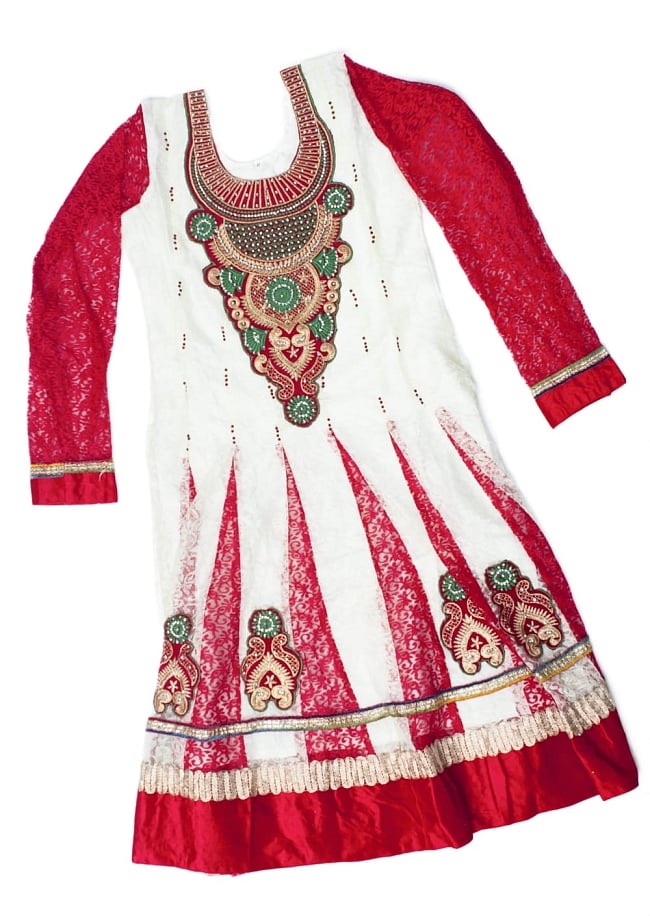 【※胸回りタイトです・返品不可】サフェードのパンジャビドレス 3点セット 白×赤 2 - トップのドレスの様子です。