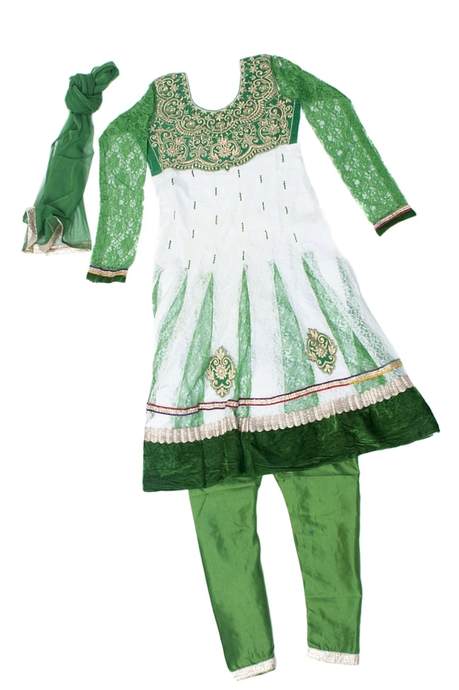 サフェードのパンジャビドレス 3点セット 白×緑の写真1枚目です。ドレス、ボトムス、ショールの三点セットです。パーティードレス,ドレス,コスプレ,インドのドレス,パンジャビドレス,パンジャービードレス,サルワール・カミーズ,パンジャビスーツ