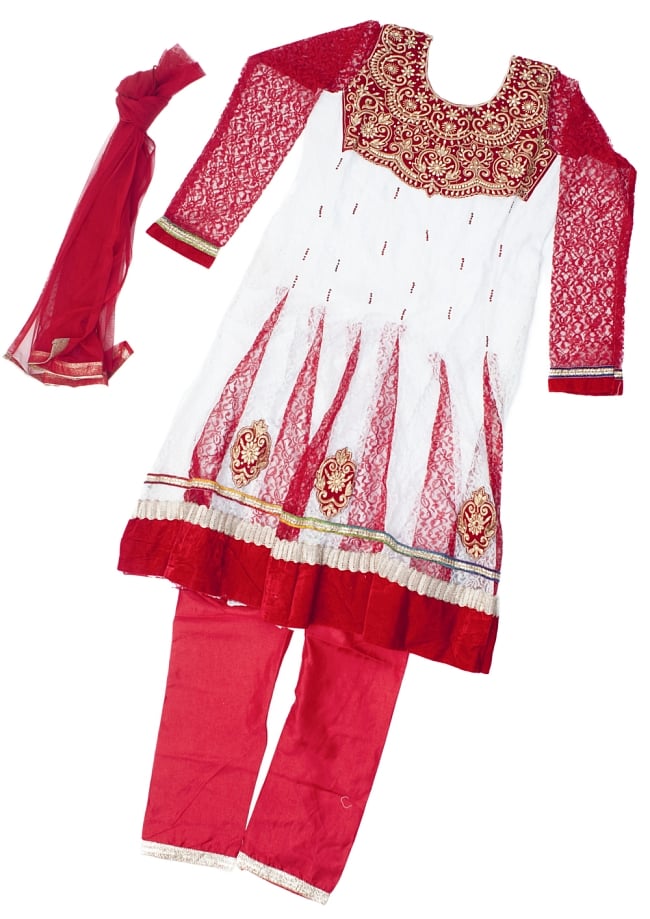 サフェードのパンジャビドレス 3点セット 白×赤の写真1枚目です。ドレス、ボトムス、ショールの三点セットです。パーティードレス,ドレス,コスプレ,インドのドレス,パンジャビドレス,パンジャービードレス,サルワール・カミーズ,パンジャビスーツ