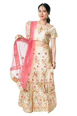 【1点物】インドのレヘンガドレスセット - ホワイト×ピンクの商品写真