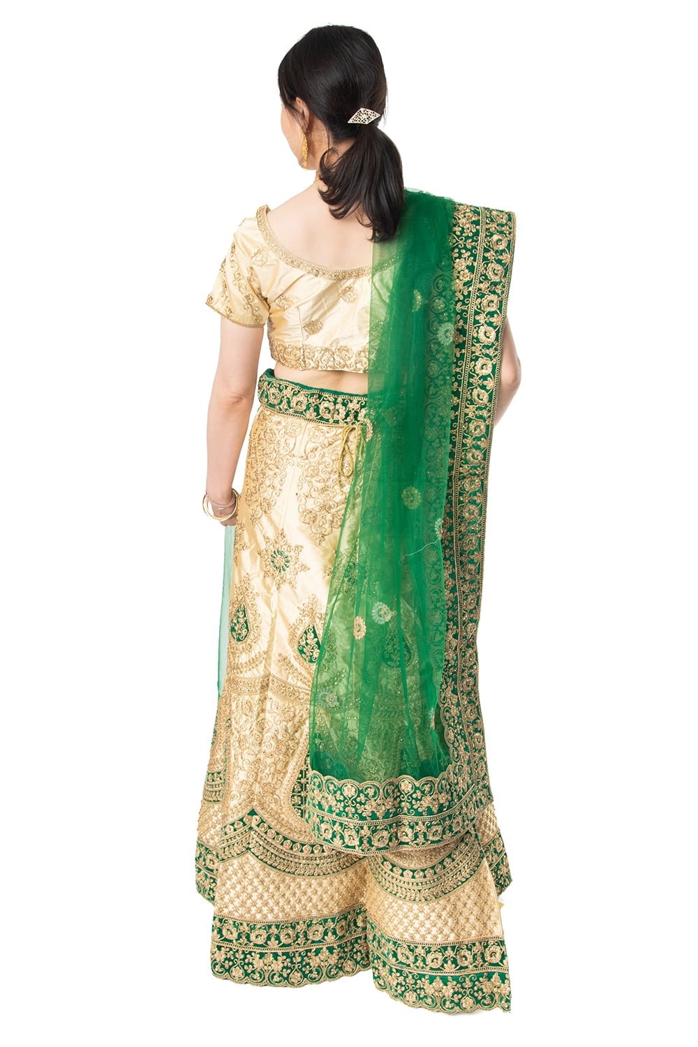 1点物】インドのレヘンガドレスセット - ホワイト×グリーン の通販