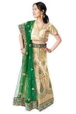 【1点物】インドのレヘンガドレスセット - ホワイト×グリーンの商品写真