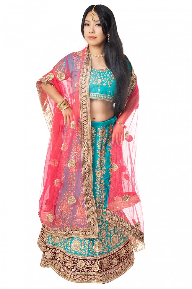 【1点物】インドのレヘンガドレスセット - アクアブルー×ピンクの写真1枚目です。インドの美しい花嫁衣装、レヘンガドレスです。パーティードレス,コスプレ,ドレス,ウェディングドレス,レヘンガ,民族衣装