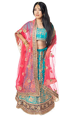 【1点物】インドのレヘンガドレスセット - アクアブルー×ピンクの商品写真