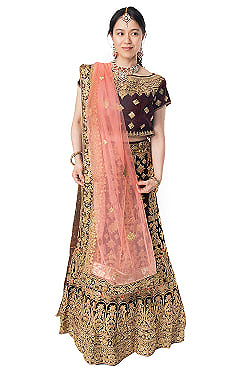 【1点物】インドのレヘンガドレスセット - ブラウン×ピンクの商品写真