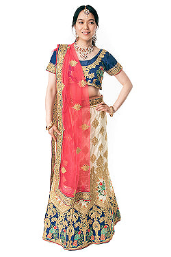 1点物】インドのレヘンガドレスセット - ブルー×ホワイト の通販