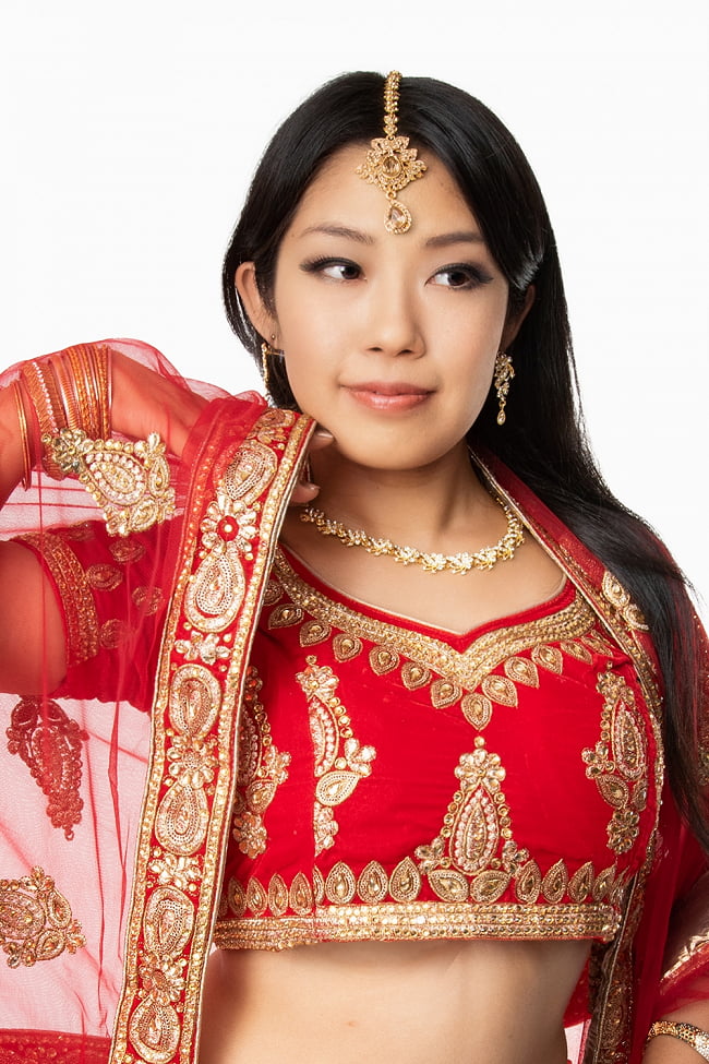 【1点物】インドのレヘンガドレスセット - レッド 6 - バストアップです。インドの王妃を思わせる華やかさです。
