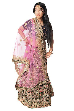 【1点物】インドのレヘンガドレスセット - ブラウン×ピンクの商品写真