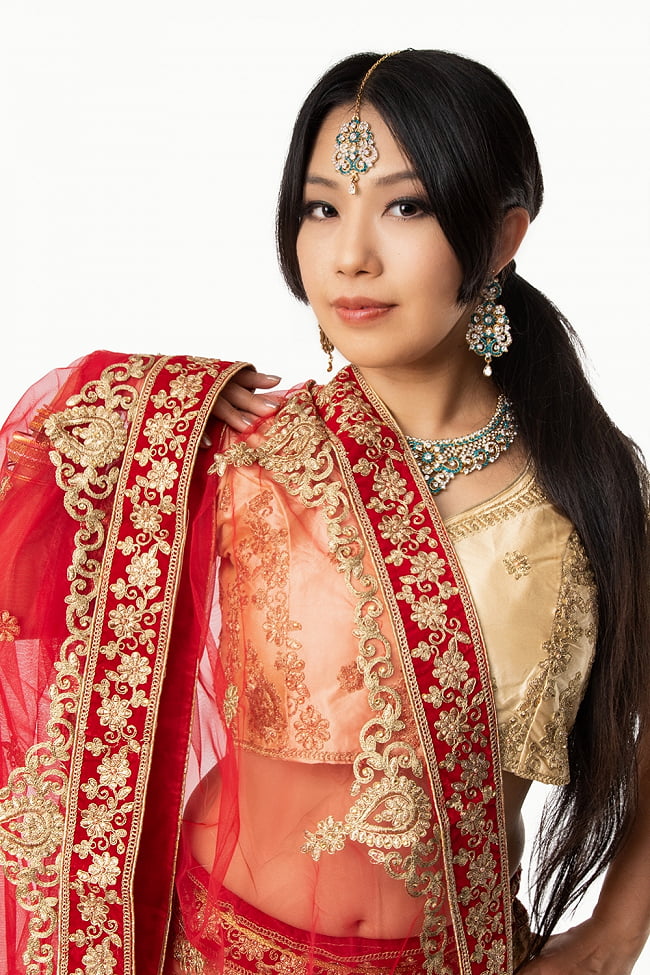 【1点物】インドのレヘンガドレスセット - ホワイト×レッド 6 - バストアップです。インドの王妃を思わせる華やかさです。
