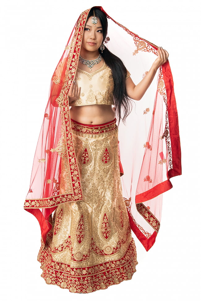 【1点物】インドのレヘンガドレスセット - ホワイト×レッドの写真1枚目です。インドの美しい花嫁衣装、レヘンガドレスです。パーティードレス,コスプレ,ドレス,ウェディングドレス,レヘンガ,民族衣装