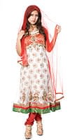 エスニック衣料のセール品:[お買い得セール]【※胸肩回りタイトです】【1点物】インドのゴージャスパンジャービードレス-赤×白