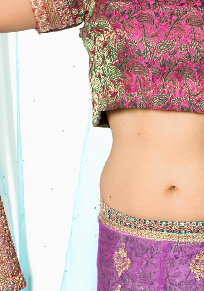 【1点物】インドのレヘンガ 【ピンク×水】 5 - スカートは紐なのでフリーサイズです。