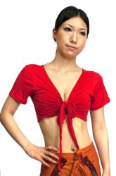 ショートスリーブ前結びストレッチチョリ - 赤の商品写真