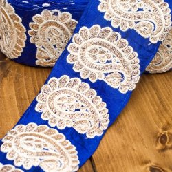 金糸ペイズリー柄チロリアンテープ（メーター売り・幅約8cm） - ブルーの商品写真