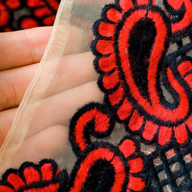 透け素材ペイズリー柄チロリアンテープ（メーター売り・幅約8cm） - ブラック 3 - 土台の生地は透けているタイプで、角度によって少しキラキラします＾＾