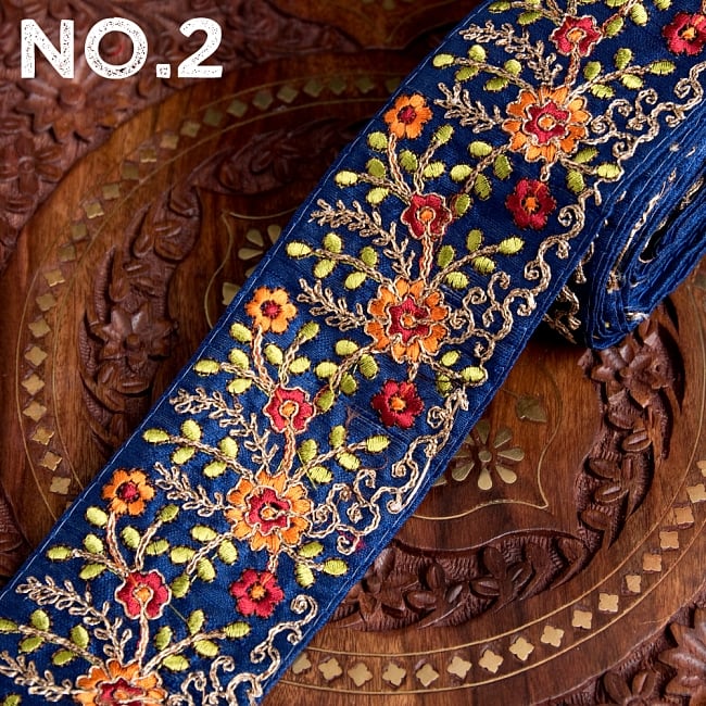 〔各色あり〕チロリアンテープ メーター売 - 金糸が美しい 更紗模様のゴータ刺繍〔幅:約6.4cm〕 8 - 【No.2】ブルー