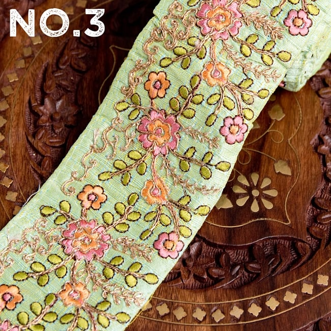 〔各色あり〕チロリアンテープ メーター売 - 金糸が美しい 更紗模様のゴータ刺繍〔幅:約6.4cm〕 9 - 【No.3】グリーン