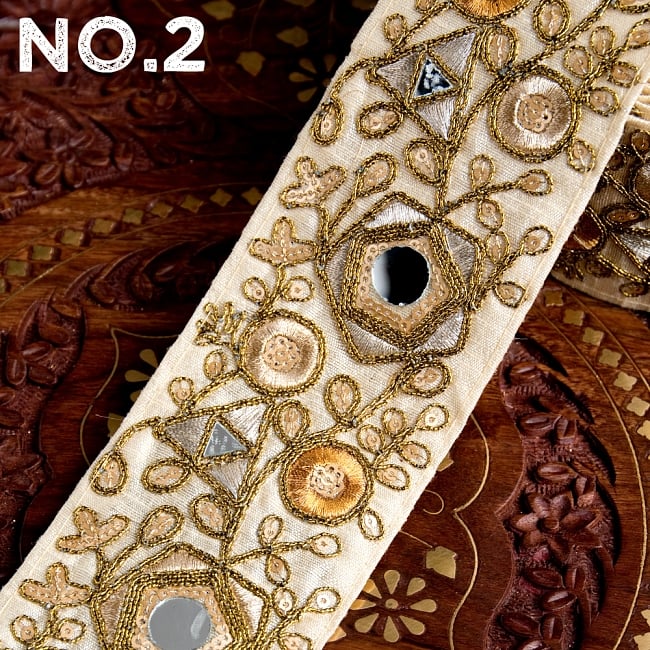 〔各色あり〕チロリアンテープ メーター売 - 金糸が美しい ミラーワーク刺繍〔幅:約6.5cm〕 8 - 【No.2】ベージュ×ゴールド