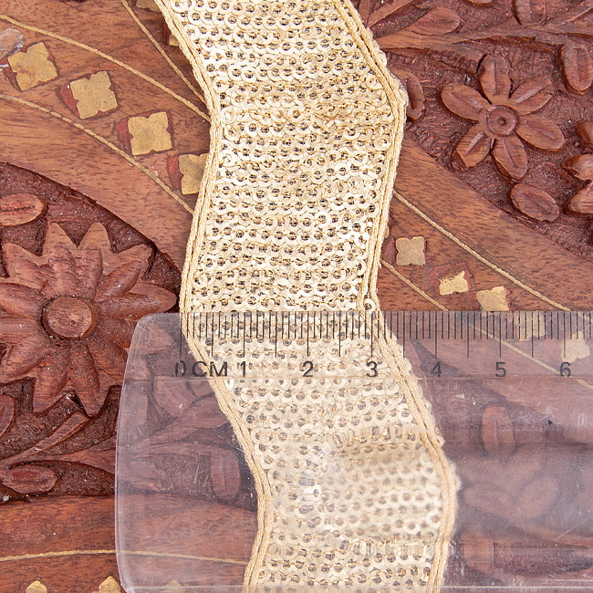 チロリアンテープ　メーター売 - 金糸が美しい　更紗模様のゴータ刺繍〔幅:約3cm〕 - 波 7 - 横幅はこのようになります