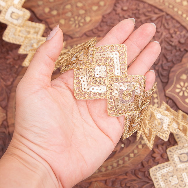 チロリアンテープ メーター売 - 金糸が美しい 更紗模様のゴータ刺繍〔幅:約6cm〕 - ジオメトリック 6 - 手にとってみました