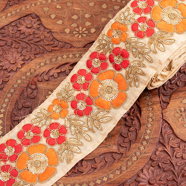 【極太幅8cm】 チロリアンテープ　メーター売 - 金糸が美しい　更紗模様のゴータ刺繍 - マリーゴールド 10 - 3：赤橙