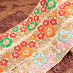 【極太幅8cm】 チロリアンテープ　メーター売 - 金糸が美しい　更紗模様のゴータ刺繍 - マリーゴールド