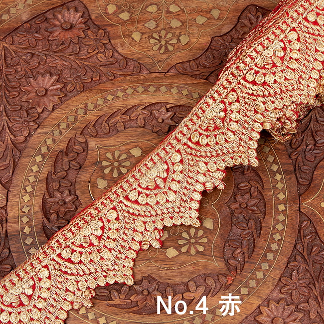 チロリアンテープ　メーター売 - 金糸が美しい　更紗模様のゴータ刺繍  〔幅:約6.5cm〕 メヘンディ 暖色 11 - 4：赤