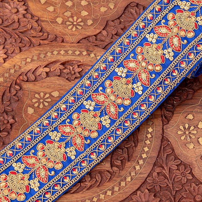 約9m 【極太幅7.5cm】 チロリアンテープ ロール売  - 金糸が美しい　更紗模様のゴータ刺繍 - 金魚草 10 - 3：青