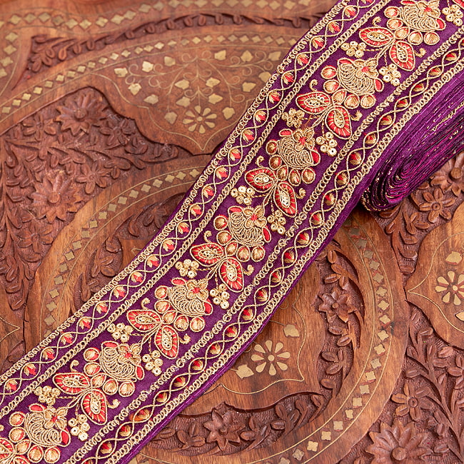 約9m 【極太幅7.5cm】 チロリアンテープ ロール売  - 金糸が美しい　更紗模様のゴータ刺繍 - 金魚草 12 - 5：紫