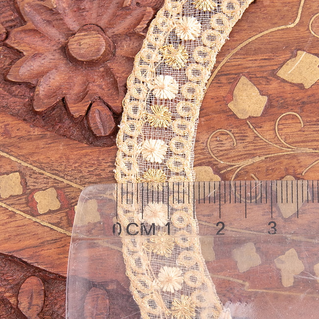 約9m チロリアンテープ ロール売 - 金糸が美しい　更紗模様のゴータ刺繍〔幅:約1.5cm〕 - ポンポン 7 - 横幅はこのようになります
