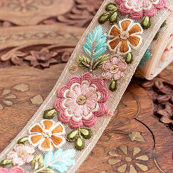 【全6色】チロリアンテープ　メーター売 - 金糸が美しい　　更紗模様のゴーダ刺繍〔幅:約3.7cm〕 - レトロフラワー - サブ2