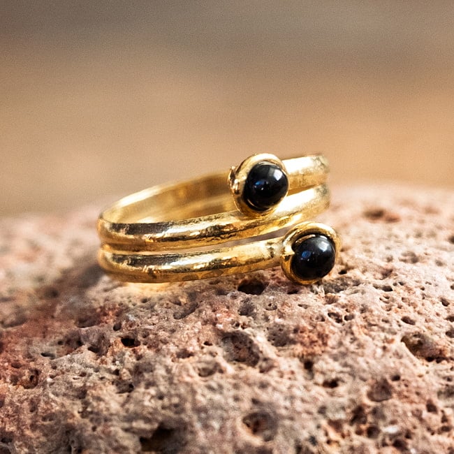 【嬉しいフリーサイズ】天然石のシンプルリング-ダブル 10 - 2：ブラックオニキス