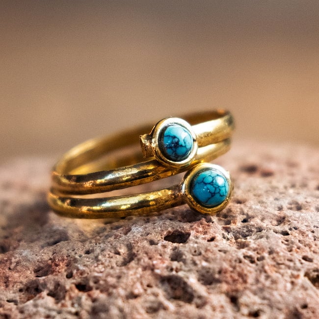 【嬉しいフリーサイズ】天然石のシンプルリング-ダブル 12 - 4：ターコイズ