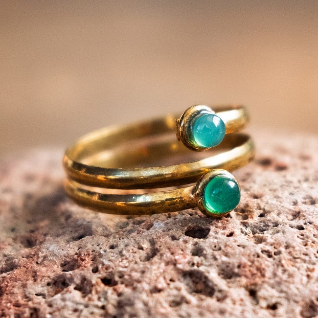 【嬉しいフリーサイズ】天然石のシンプルリング-ダブル 13 - 5：グリーンメノウ