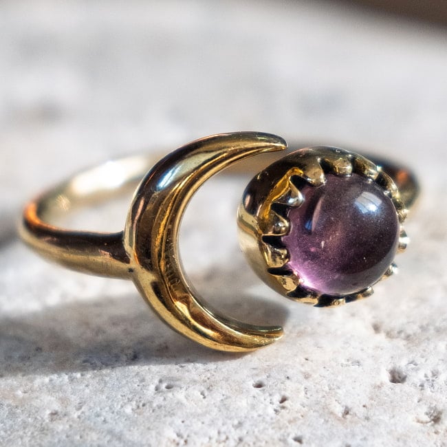 【嬉しいフリーサイズ】天然石のシンプルリング-ムーン＆サン 10 - 1：アメジスト