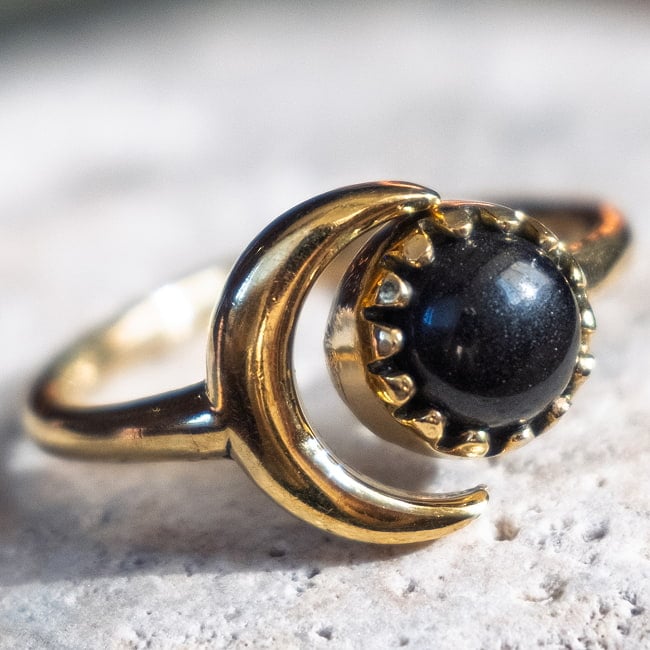 【嬉しいフリーサイズ】天然石のシンプルリング-ムーン＆サン 14 - 5：ブラックオニキス