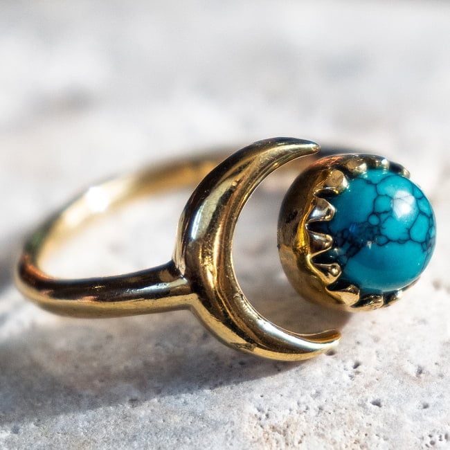【嬉しいフリーサイズ】天然石のシンプルリング-ムーン＆サン 16 - 7：ターコイズ