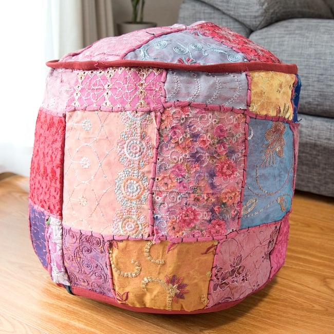 インド・プフ パッチワーク円筒形クッションカバー - エンジ の通販