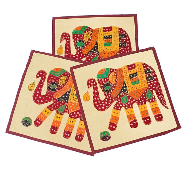 ラジャスタン刺繍のクッションカバー - 象さん【えんじ・赤象】 8 - 全て手作りの為、刺繍の形や色が1点1点異なります。世界に1つの可愛いクッションカバーです＾＾