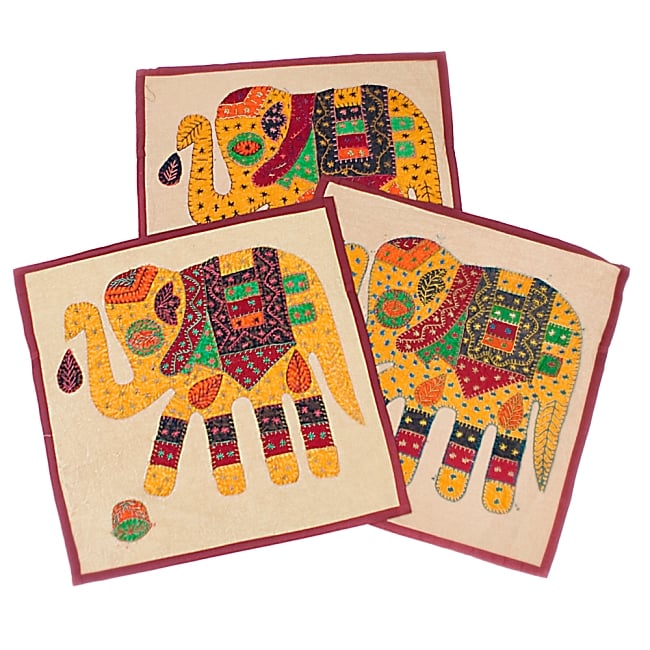 ラジャスタン刺繍のクッションカバー - 象さん【えんじ・黄象】 8 - 全て手作りの為、刺繍の形や色が1点1点異なります。世界に1つの可愛いクッションカバーです＾＾
