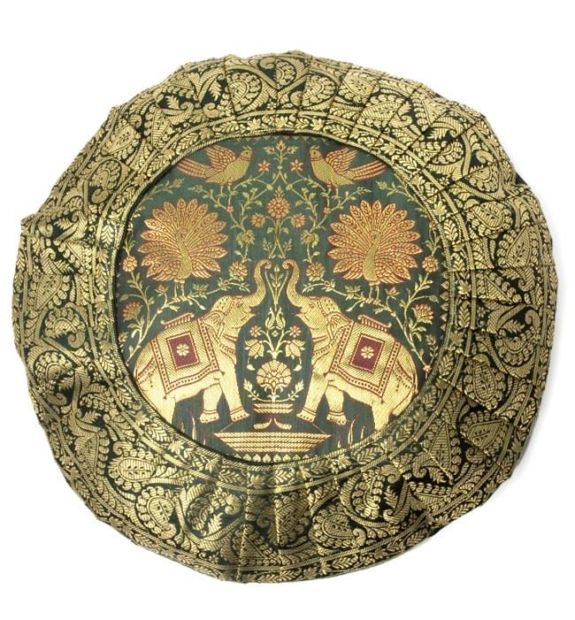 ゴールド刺繍の円形クッションカバー【緑色&青色】の写真