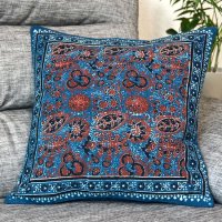 木版染めアジュラックの伝統模様クッションカバー ブルー