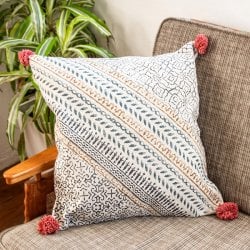 [大感謝祭セール]帆布織りコットンとウッドブロックプリントの 大判クッションカバー 49cm x 49cm