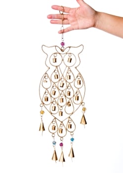  ドアチャイムなどへ！手作りのやさしい音色 インドの銅仕上げベル付きハンギング - 鈴なりフクロウさん〔約53cm〕 - サブ2