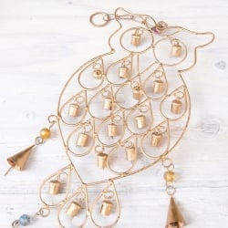  ドアチャイムなどへ！手作りのやさしい音色 インドの銅仕上げベル付きハンギング - 鈴なりフクロウさん〔約53cm〕 - サブ4