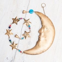  ドアチャイムなどへ！手作りのやさしい音色 インドの銅仕上げベル付きハンギング - 天体チャンドラ〔約100cm〕の商品写真